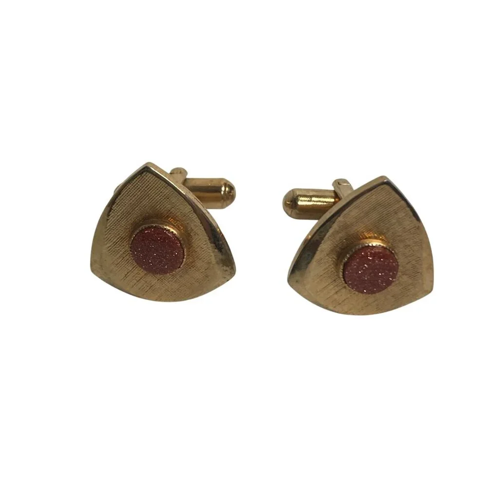Vintage MCM Gold Tone Triangle Cufflinks Goldstone Sparkly Orange Stone
